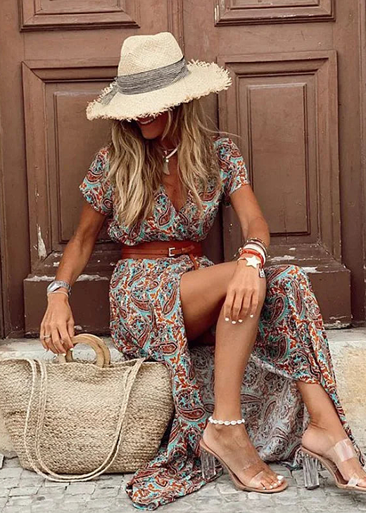 Boho Print Gathered Waist Maxi Dress – view 4