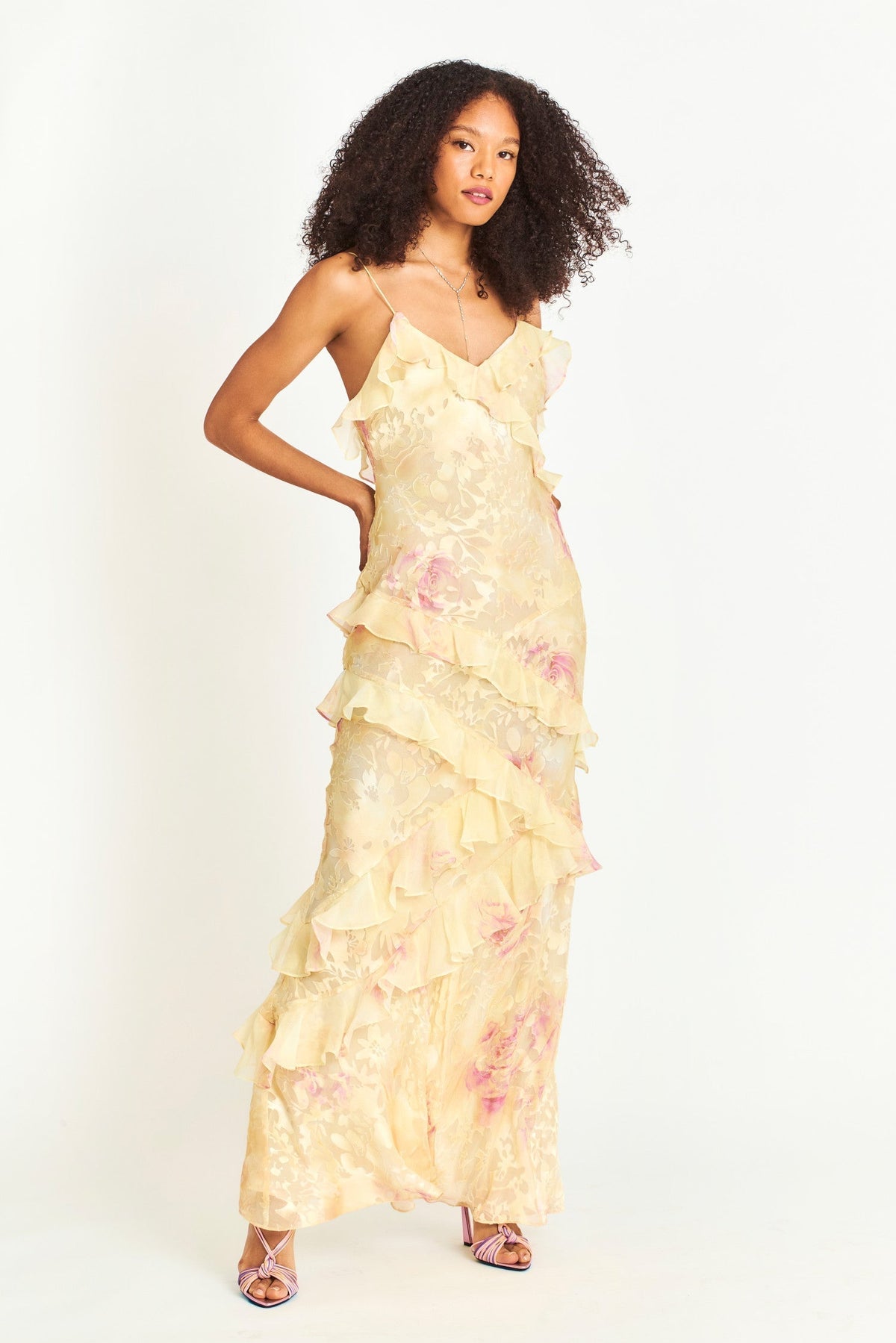 Floral Ruched Tiered Ruffle Maxi Dress in Yellow – full-length front view