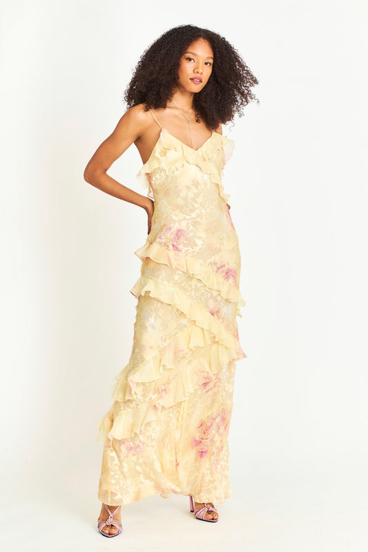 Floral Ruched Tiered Ruffle Maxi Dress in Yellow – full-length front view