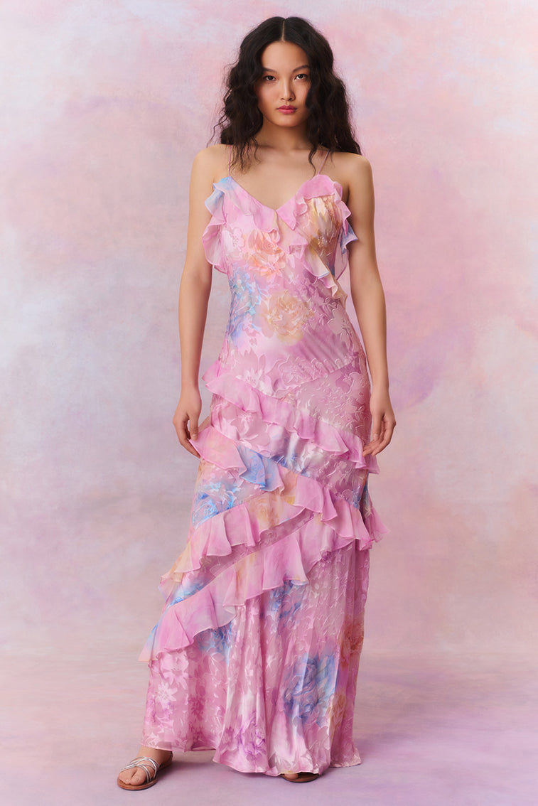 Floral Ruched Tiered Ruffle Maxi Dress in Pink – full-length front view on pink backdrop