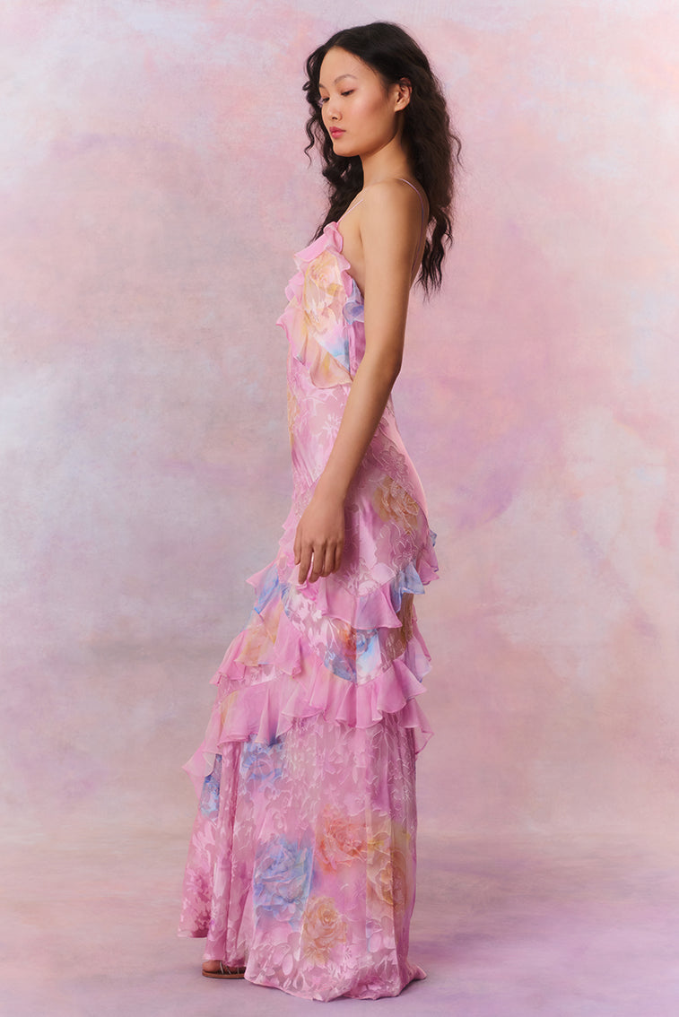 Floral Ruched Tiered Ruffle Maxi Dress in Pink – full-length side view