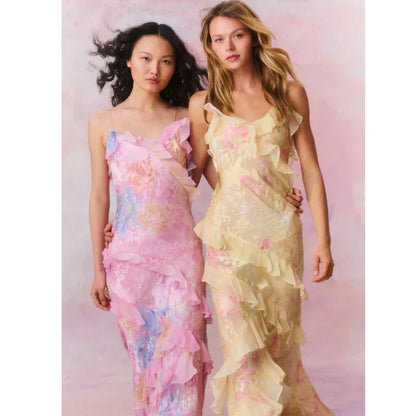 Floral Ruched Tiered Ruffle Maxi Dress in Yellow and Pink – both colours shown side by side