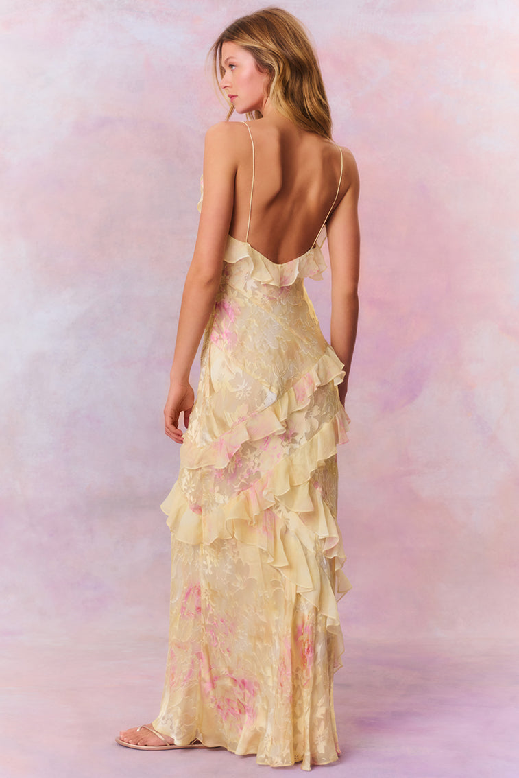 Floral Ruched Tiered Ruffle Maxi Dress in Yellow – back view showing low back
