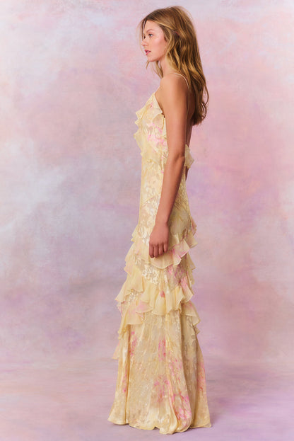 Floral Ruched Tiered Ruffle Maxi Dress in Yellow – full-length side view