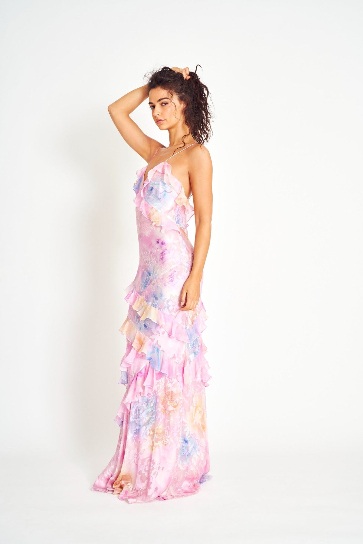 Floral Ruched Tiered Ruffle Maxi Dress in Pink – full-length three-quarter view