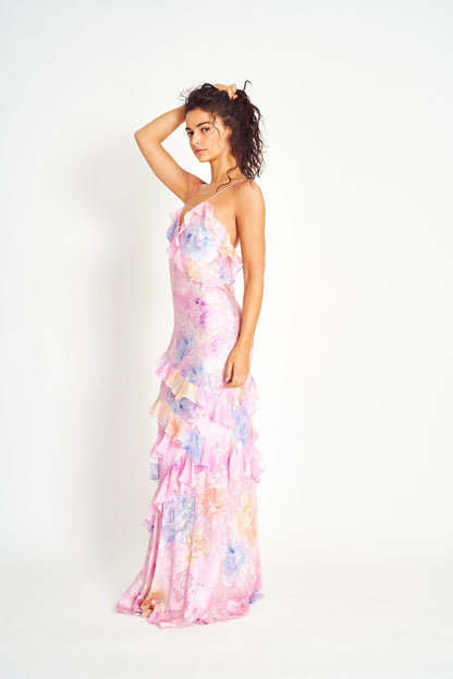 Floral Ruched Tiered Ruffle Maxi Dress in Pink – full-length three-quarter view