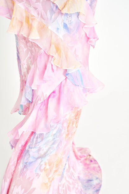 Floral Ruched Tiered Ruffle Maxi Dress in Pink – close-up detail of tiered ruffles