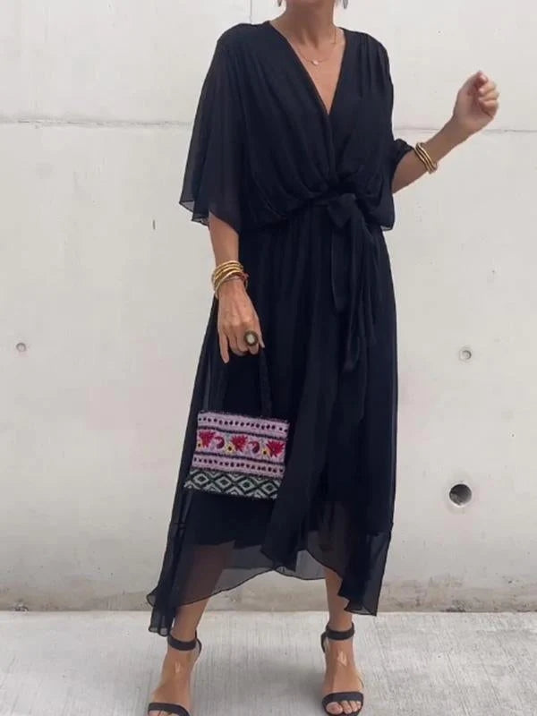 Chiffon V-Neck Flowing Midi Dress – Black