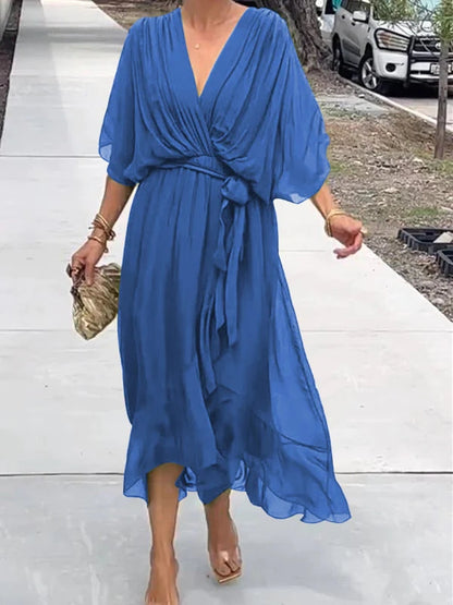 Chiffon V-Neck Flowing Midi Dress – Blue