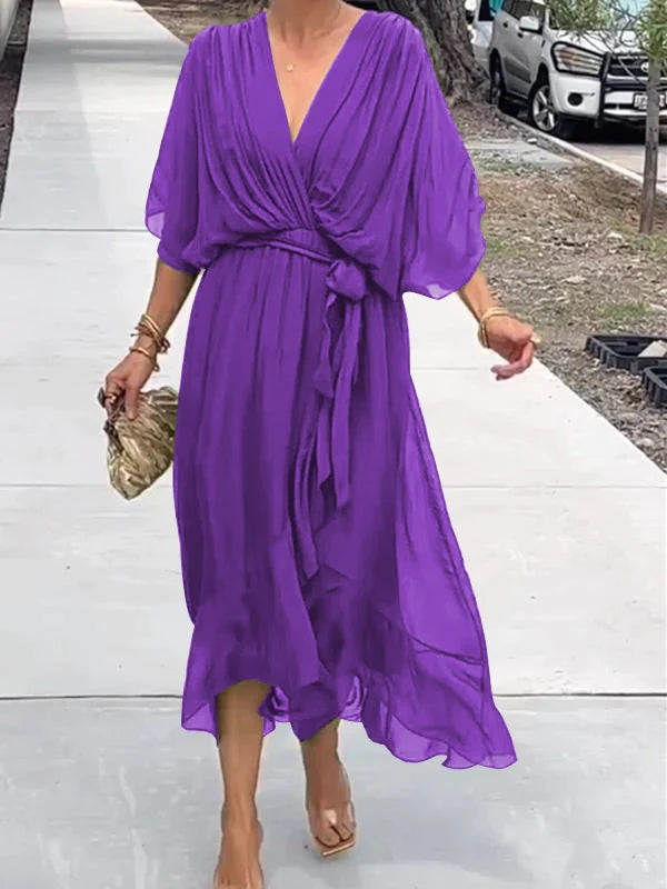 Chiffon V-Neck Flowing Midi Dress – Purple