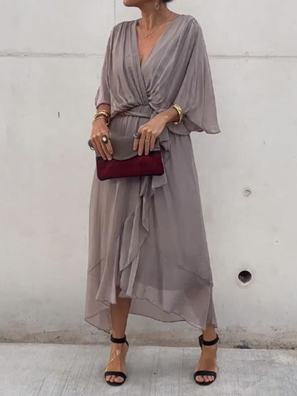 Chiffon V-Neck Flowing Midi Dress – Grey