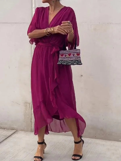 Chiffon V-Neck Flowing Midi Dress – Dark Purple