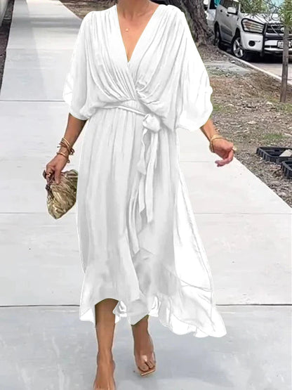 Chiffon V-Neck Flowing Midi Dress – White