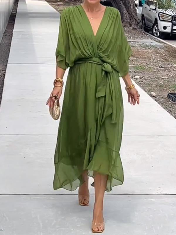 Chiffon V-Neck Flowing Midi Dress – Green