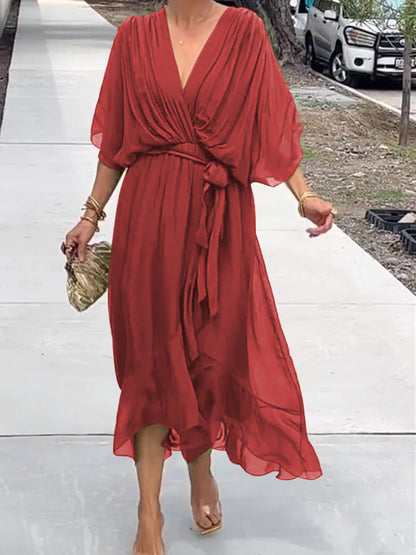 Chiffon V-Neck Flowing Midi Dress – Red