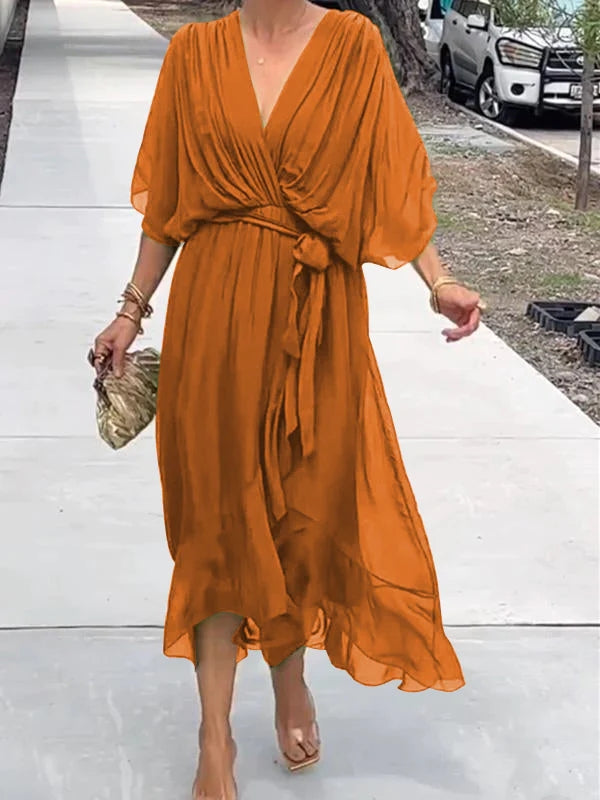 Chiffon V-Neck Flowing Midi Dress – Orange