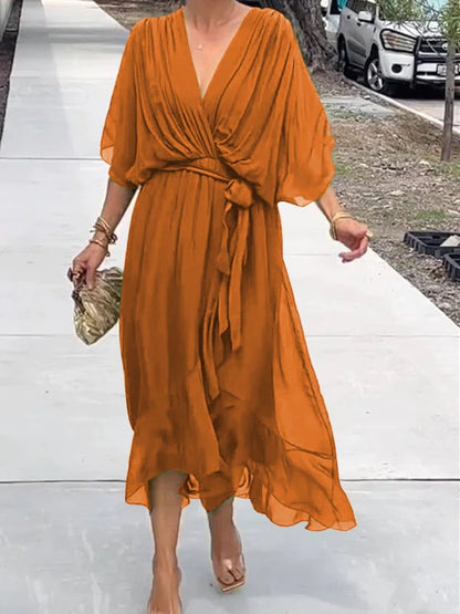 Chiffon V-Neck Flowing Midi Dress – Orange