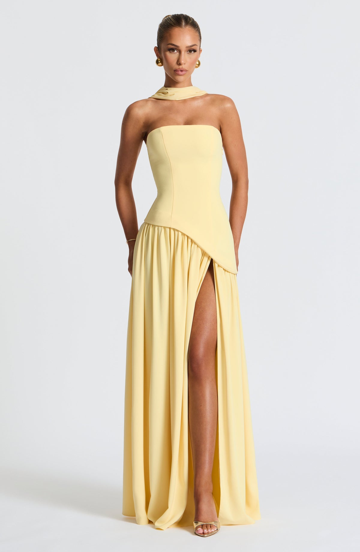 Strapless Pleated Maxi Dress with Thigh Split in Yellow – front view showing thigh split