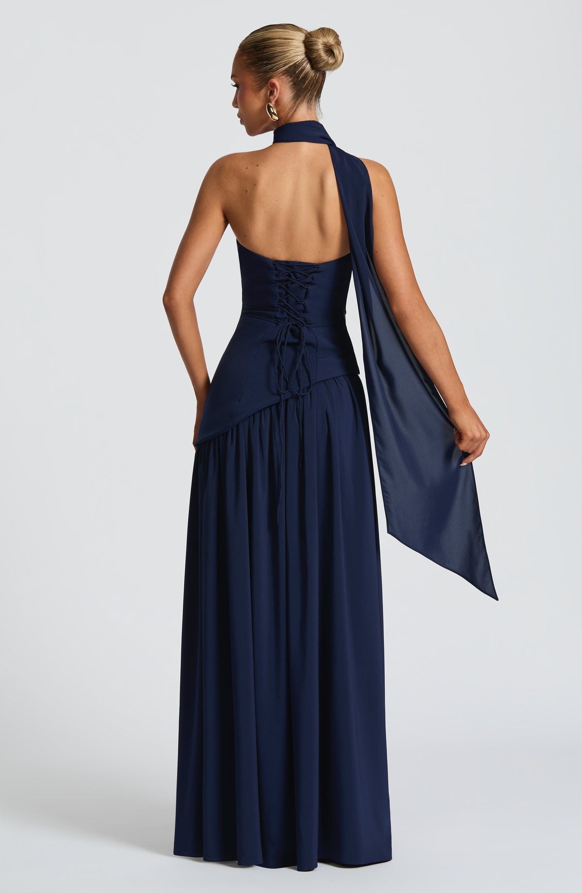 Strapless Pleated Maxi Dress with Thigh Split in Navy – back view with scarf detail