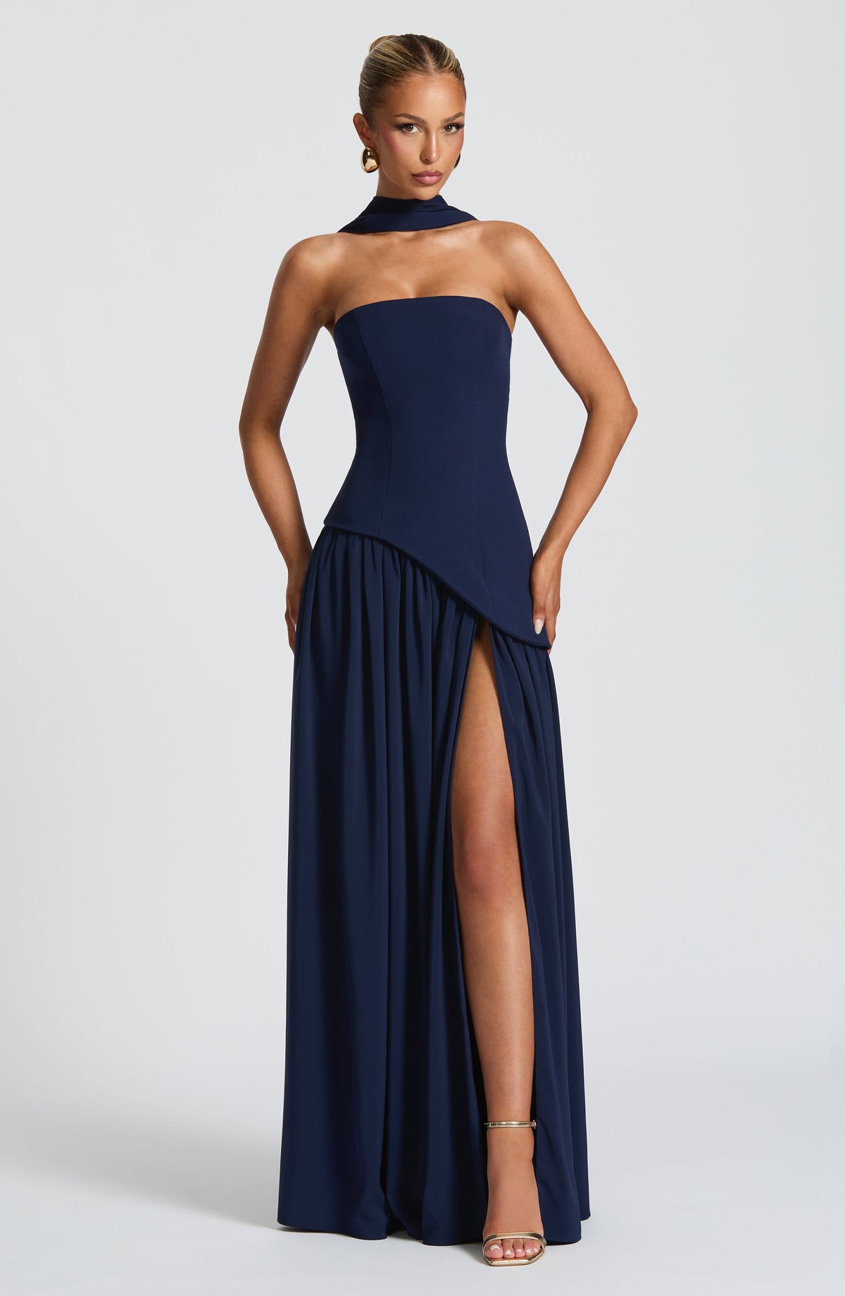 Strapless Pleated Maxi Dress with Thigh Split in Navy – front view showing thigh split