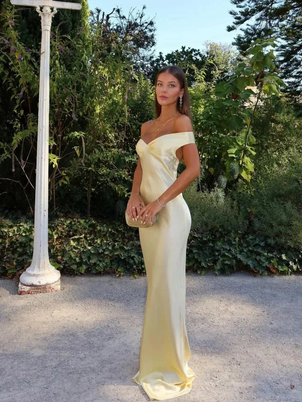 Yellow Off-Shoulder Draped Maxi Dress – lifestyle shot, full length