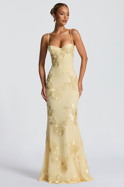Yellow Floral Appliqué Corset Maxi Dress – full-length front view
