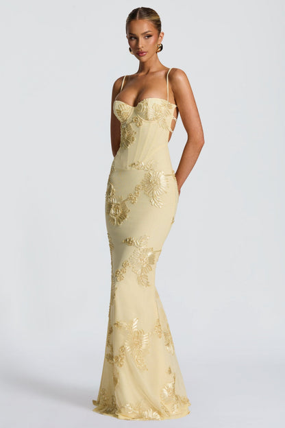 Yellow Floral Appliqué Corset Maxi Dress – three-quarter front view
