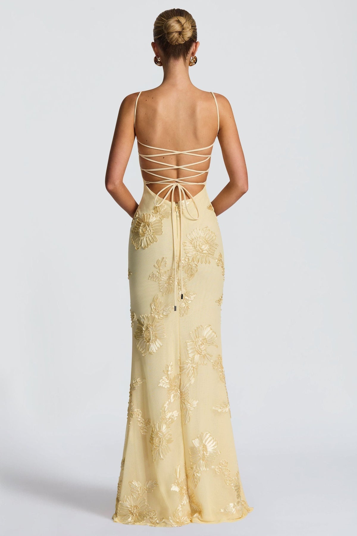 Yellow Floral Appliqué Corset Maxi Dress – back view showing the lace-up open back