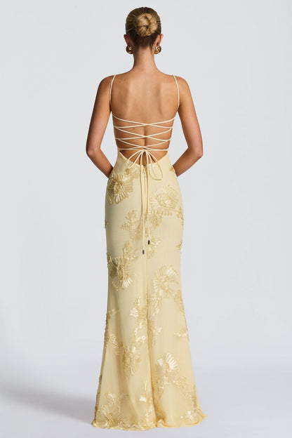 Yellow Floral Appliqué Corset Maxi Dress – back view showing the lace-up open back