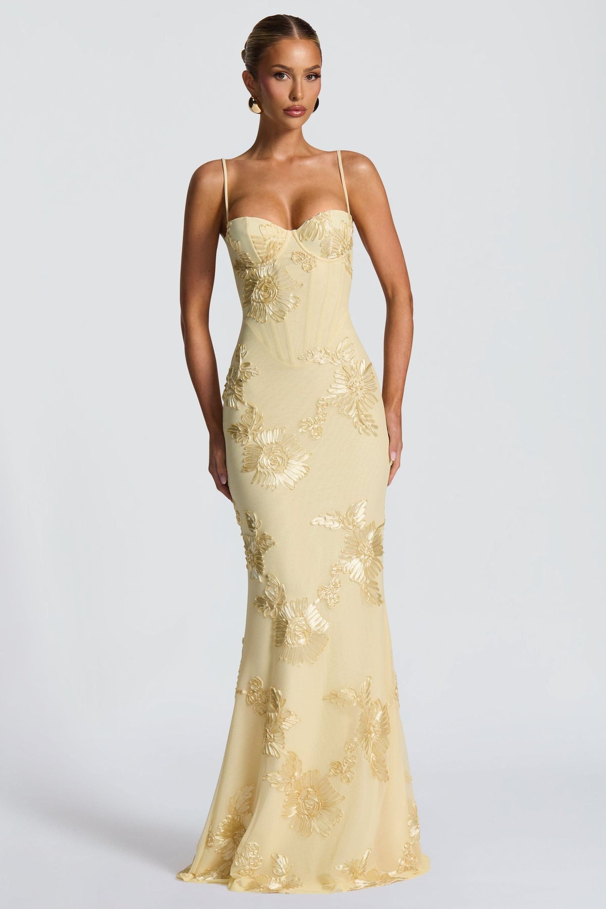 Yellow Floral Appliqué Corset Maxi Dress – front view showing the sweetheart corset bodice