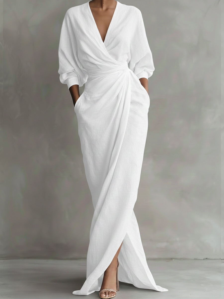V-Neck 3/4 Sleeve Maxi Dress with Pocket – White