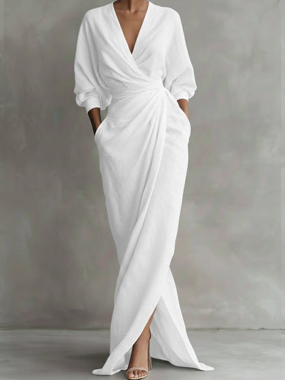 V-Neck 3/4 Sleeve Maxi Dress with Pocket – White
