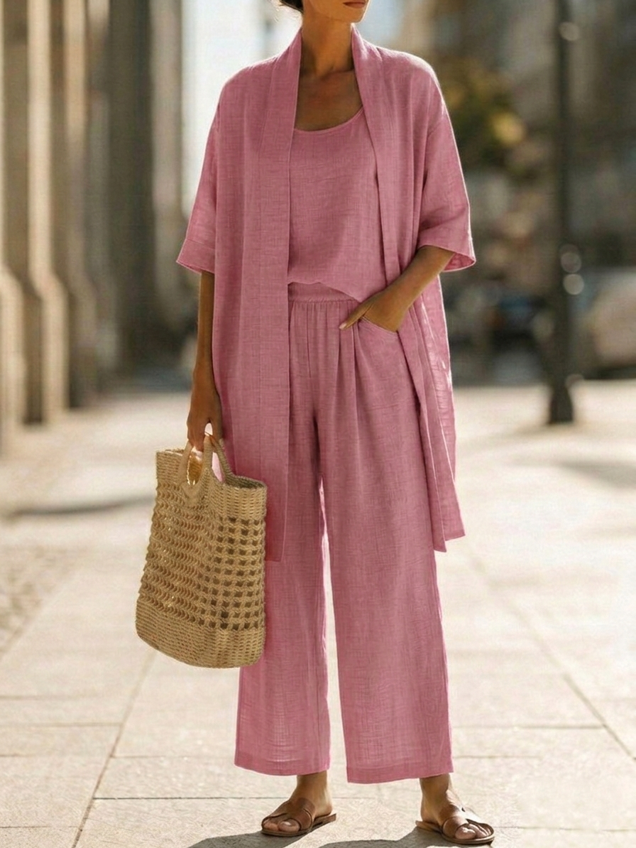 Cami Top Wide Leg Pants and Cover Up Set – Pink