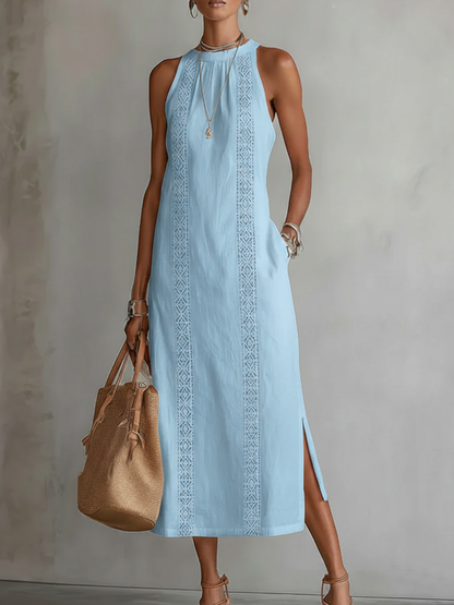 Mandarin Collar Midi Dress – Blue