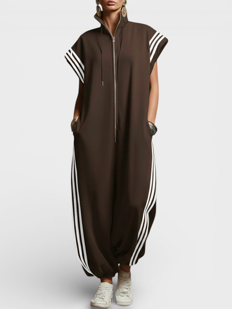 Zip Neck Relaxed Jumpsuit with Pockets – Brown