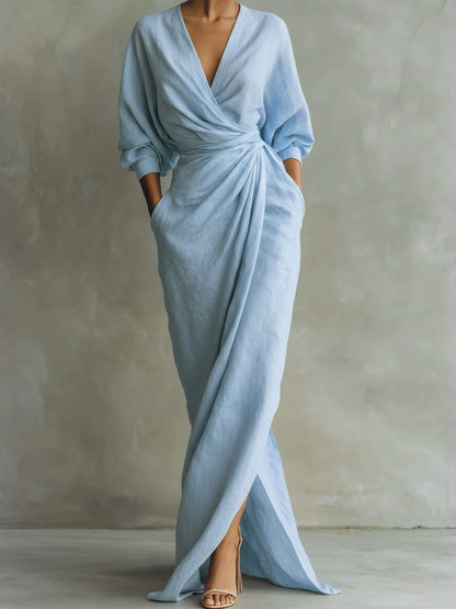 V-Neck 3/4 Sleeve Maxi Dress with Pocket – Light Blue