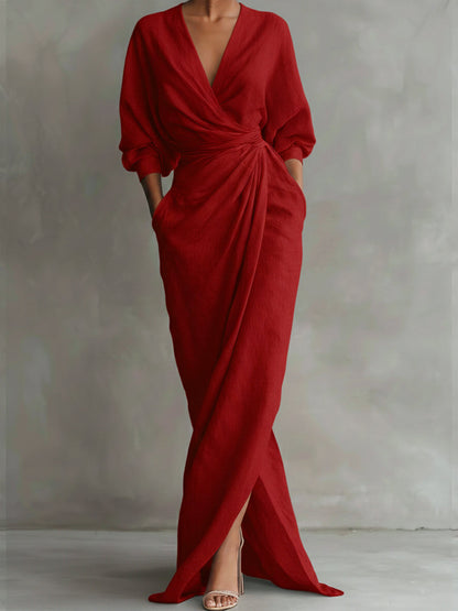 V-Neck 3/4 Sleeve Maxi Dress with Pocket – Red