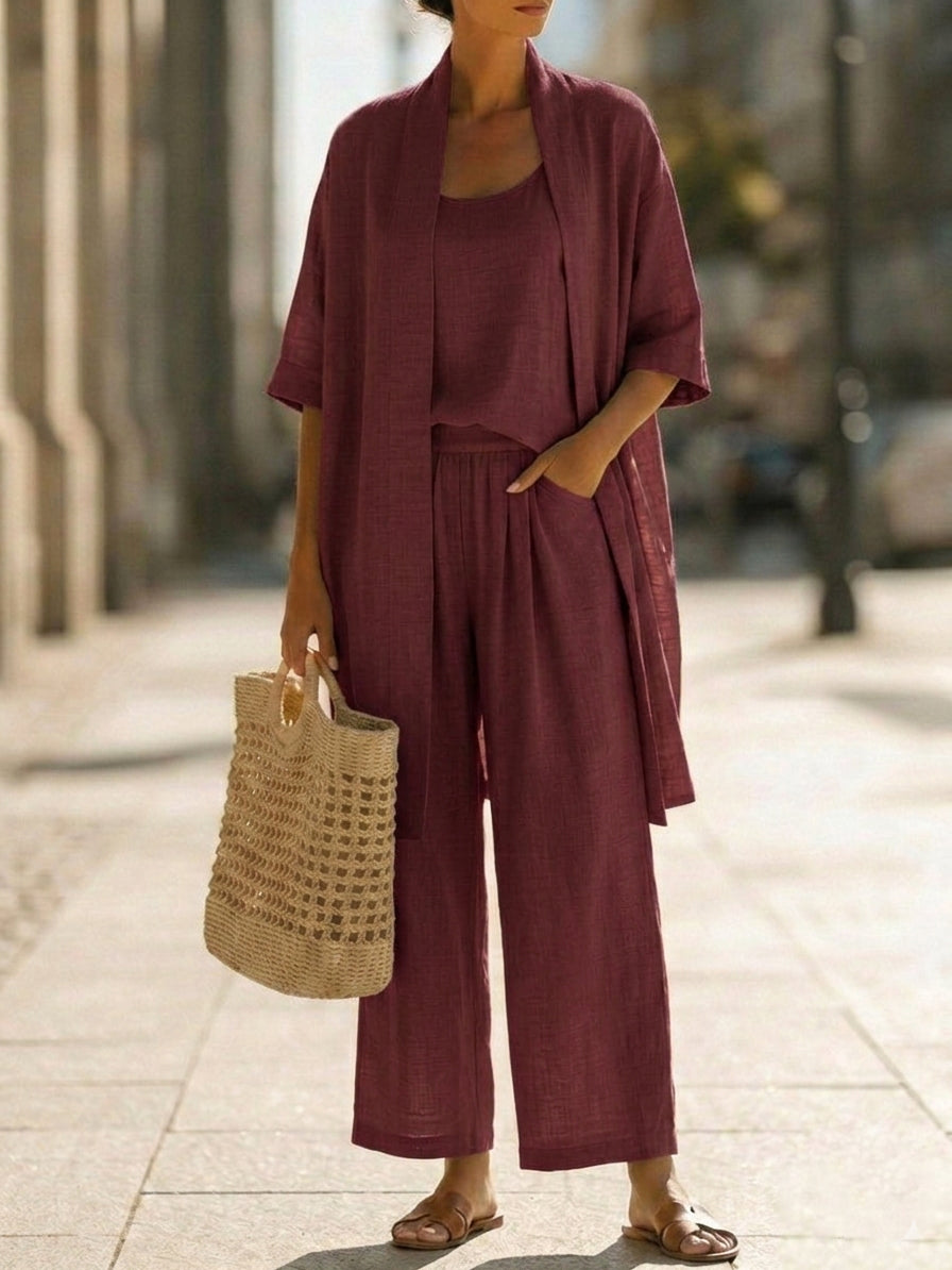 Cami Top Wide Leg Pants and Cover Up Set – Wine Red