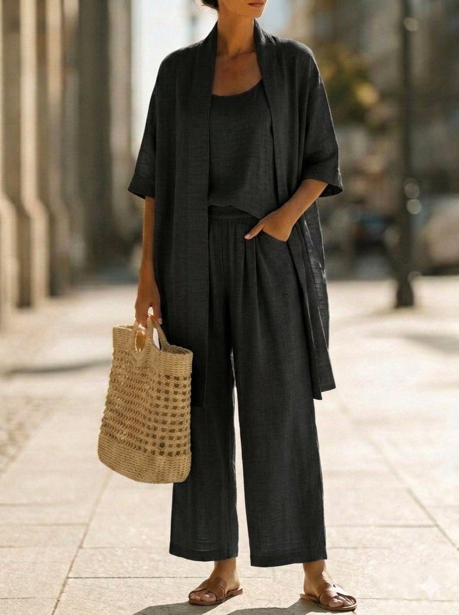 Cami Top Wide Leg Pants and Cover Up Set – Black