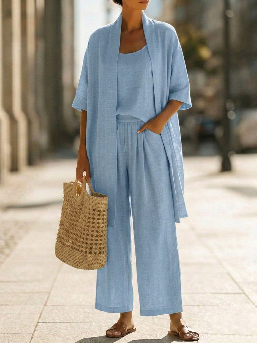 Cami Top Wide Leg Pants and Cover Up Set – Blue