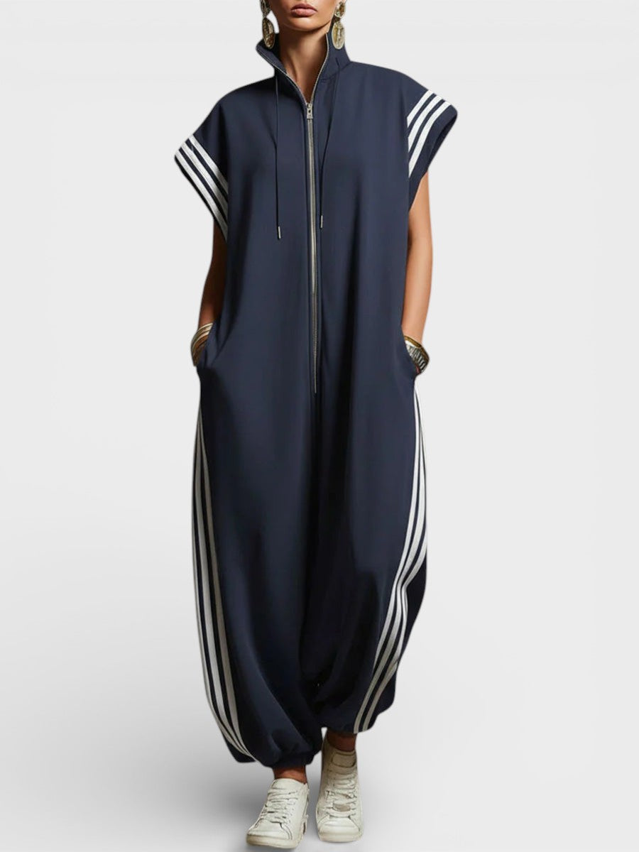 Zip Neck Relaxed Jumpsuit with Pockets – Navy