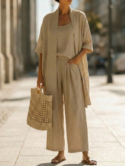 Cami Top Wide Leg Pants and Cover Up Set – Khaki