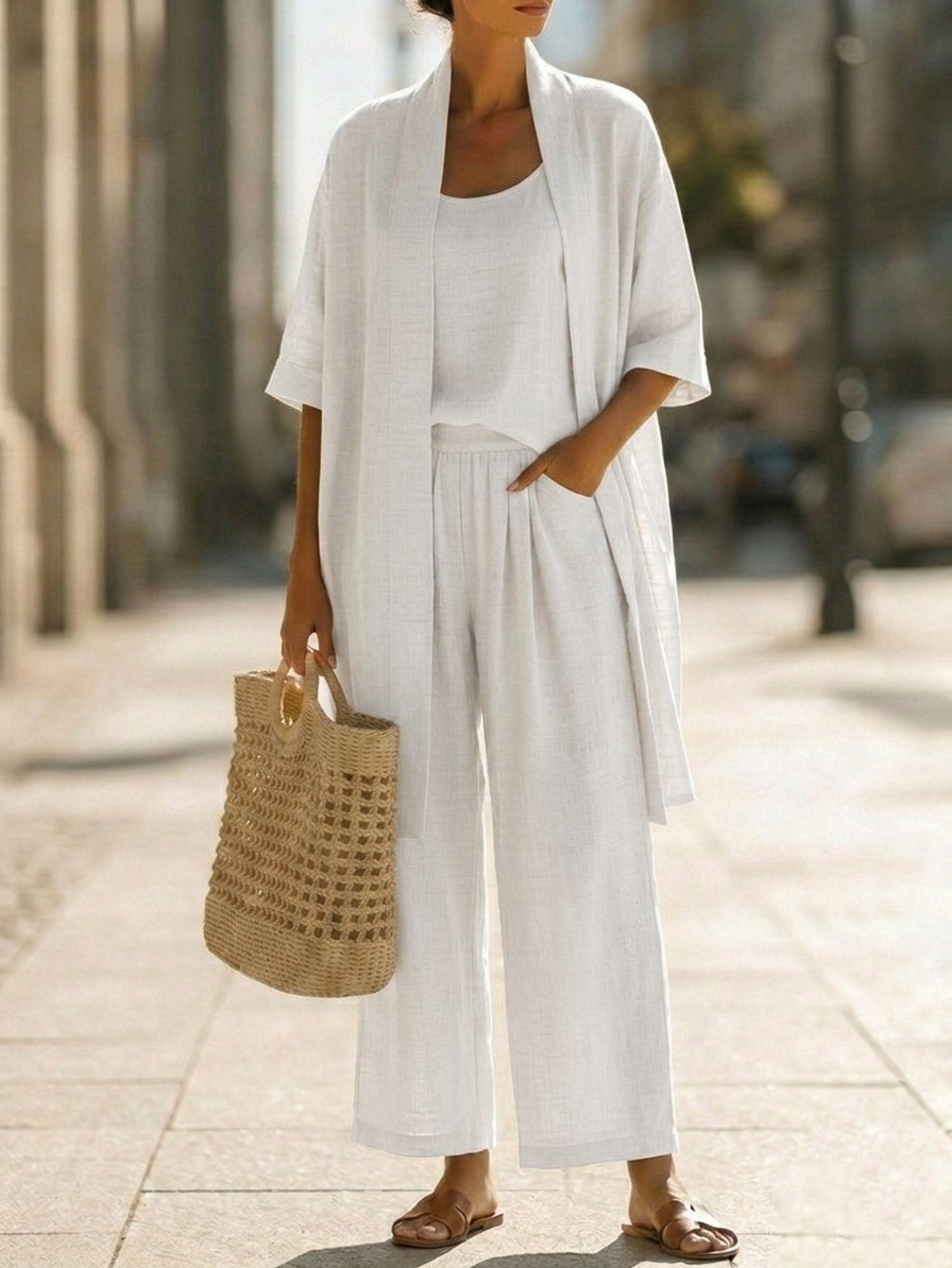 Cami Top Wide Leg Pants and Cover Up Set – White