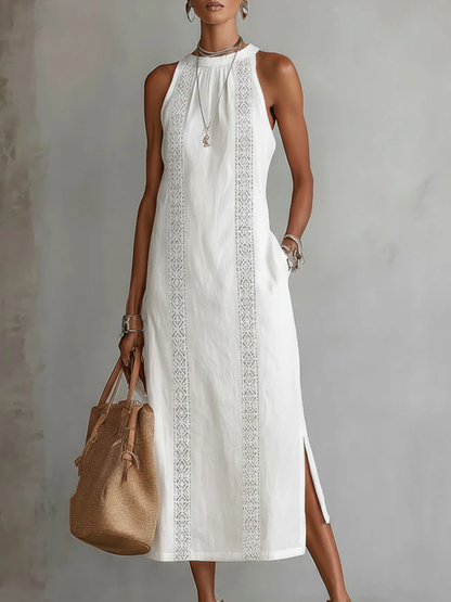 Mandarin Collar Midi Dress – White