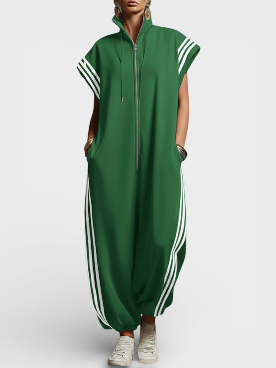 Zip Neck Relaxed Jumpsuit with Pockets – Green