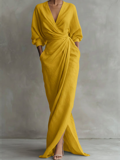 V-Neck 3/4 Sleeve Maxi Dress with Pocket – Yellow