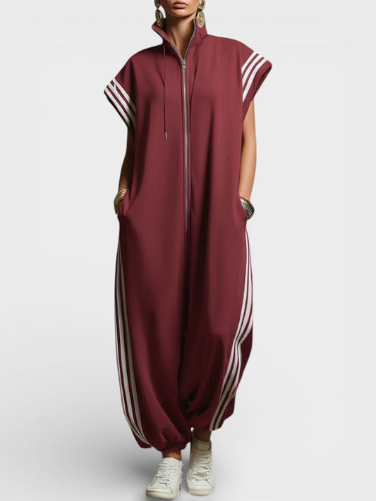 Zip Neck Relaxed Jumpsuit with Pockets – Burgundy