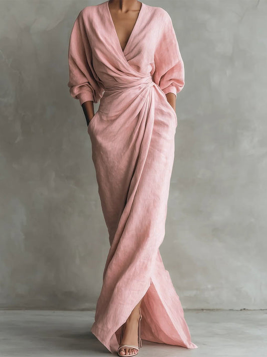 V-Neck 3/4 Sleeve Maxi Dress with Pocket – Pink