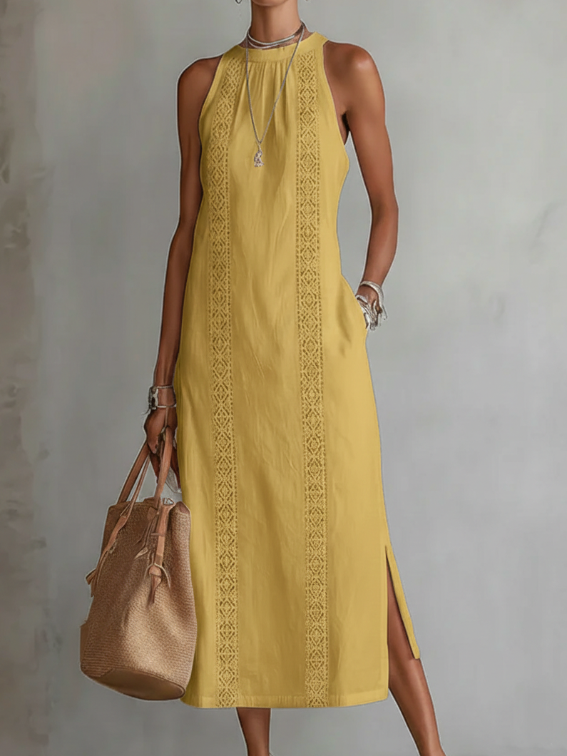 Mandarin Collar Midi Dress – Yellow