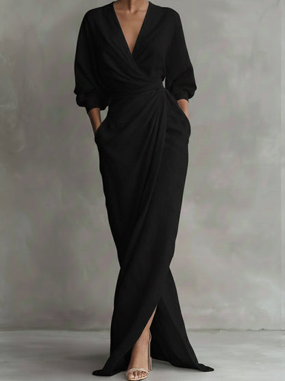 V-Neck 3/4 Sleeve Maxi Dress with Pocket – Black